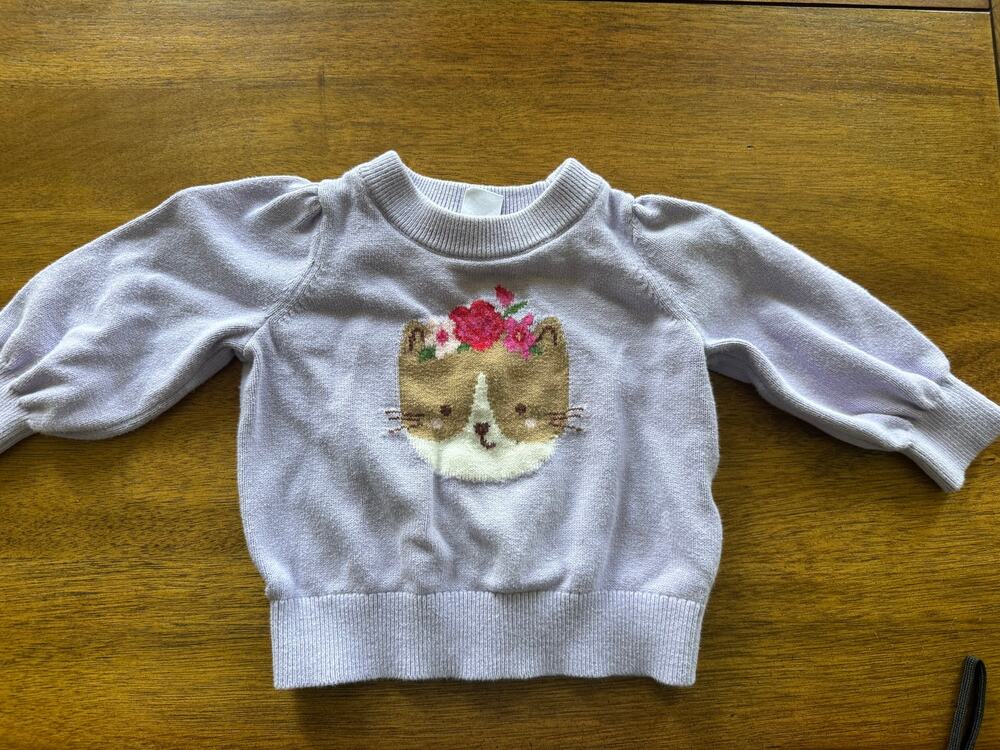 Baby Gap Lavender Cat Sweater 12-18 Months Puff Sleeve Cottagecore